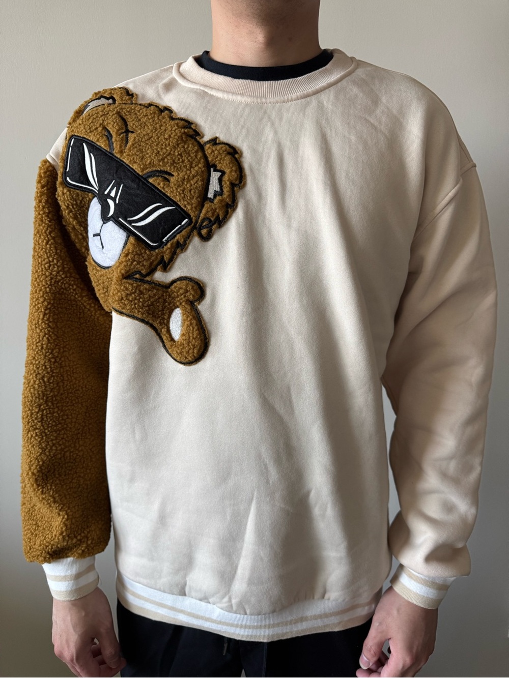 Men's Cream Crewneck Sweatshirt with Brown Teddy Appliqué